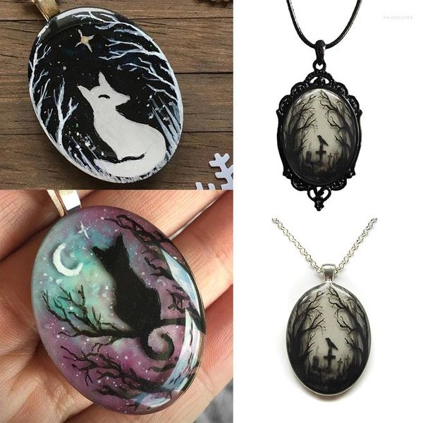 Chaînes Dark Neo-Gothic Crow Pendentif Collier Mode Créativité Nuit Ciel Chat Renard Ovale Verre Chaîne En Métal Bijoux Cadeau Pour Femmes Et Hommes