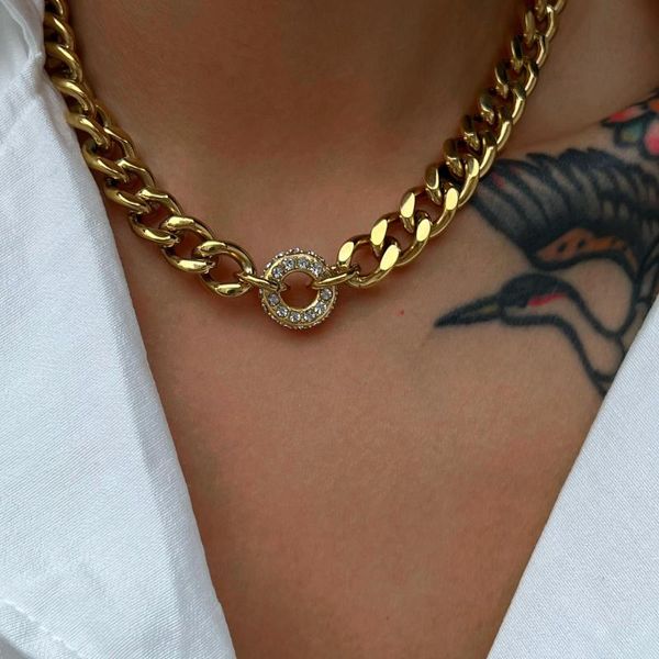 Chaînes Dasein ACC Ins plaqué or 18 carats en acier inoxydable, pendentif décoratif d'ancre sans ternissement, chaîne cubaine de 11mm, collier pour femmes