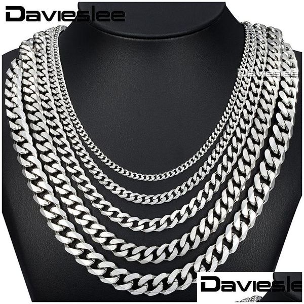 Chaînes Davieslee 60Cm Hommes Chaîne Sier Couleur Collier En Acier Inoxydable Pour Hommes Curb Cubain Lien Hip Hop Bijoux 3/5/7/9/11Mm Dlknm07 Dr Dhpcd