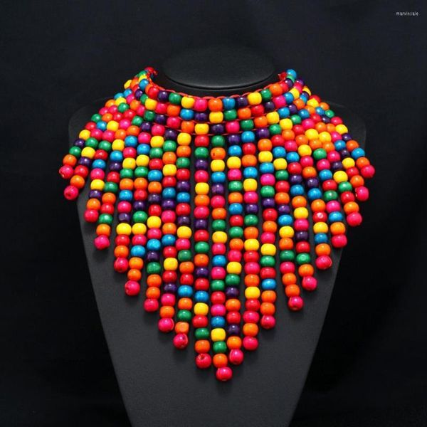 Chaînes décoration personnalité multicolore perle gland bois bavoir collier accessoires de fête