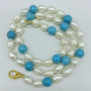 Chaînes Blanc Délicat 7-8mm Perle De Riz De Culture D'eau Douce 8mm Bleu Turquoise Collier De Perles Rondes 18 Pouces Mode Dames Bijoux