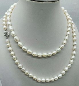 Chaines délicates blanc 7 à 9 mm d'eau douce Collier de perle en forme de riz 34 pouces bijoux pour femmes 2023