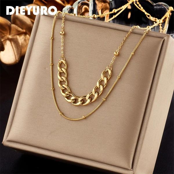 Chaines Dieyuro 316l en acier inoxydable Gold Couleur multicouche 2in1 Collier pour femmes Design Girls Punk Hip Hop Jewelry Gifts