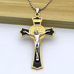 Cadenas Diyalo Color oro negro crucifijo INRI Jesucristo Cruz colgante collar católico Santo San Benito cuentas cadena joyería regalo