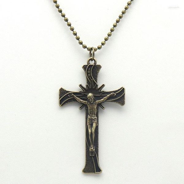 Chaînes Diyalo Catholique Antique Bronze Couleur Métal INRI Jésus Croix Pendentif Collier Perles Chaîne Colliers Bijoux Cadeau