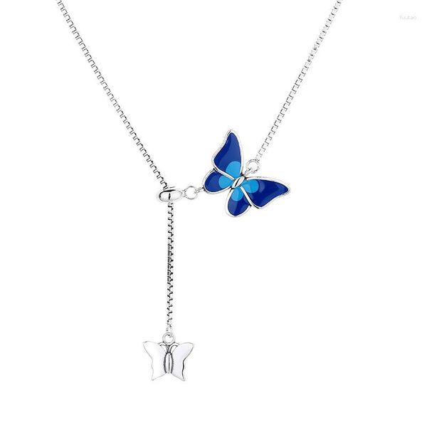 Chaînes Double Papillon Bolo Collier Véritable Chaîne En Argent Sterling 925 Deux Tons Bleu Émail Inspiré De La Nature Fine Jewelry Pour Les Femmes