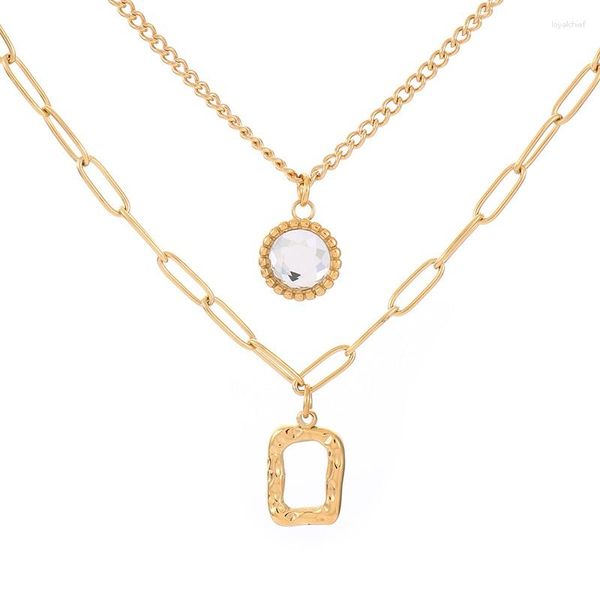 Chaînes Double chaîne en acier inoxydable collier pour femmes plusieurs couleurs carrées rondes en verre pendentif ras du cou Mujer bijoux en gros