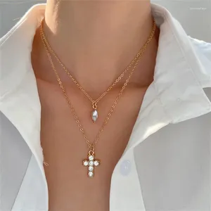 Chaînes Double couche chaîne Vintage cristal croix pendentif à breloque collier ras du cou pour femmes Y2K bijoux E805