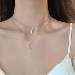 Chaînes Double Star Moon Argent Couleur Cubique Zircone Clavicule Chaîne Collier Pour Femmes Filles Simple Dainty Bijoux À La Mode En Gros