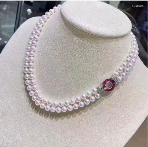 Cadenas Collar de perlas blancas Akoya de 7-8 mm de doble hebra 18 pulgadas 925s
