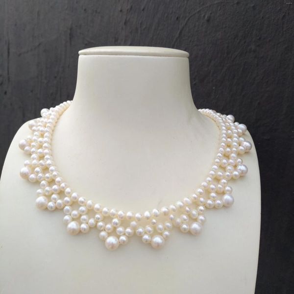 Cadenas de doble hilo tejido a mano 5-6 mm 6-7 mm redondo natural Akoya collar de perlas blancas reales en la boda