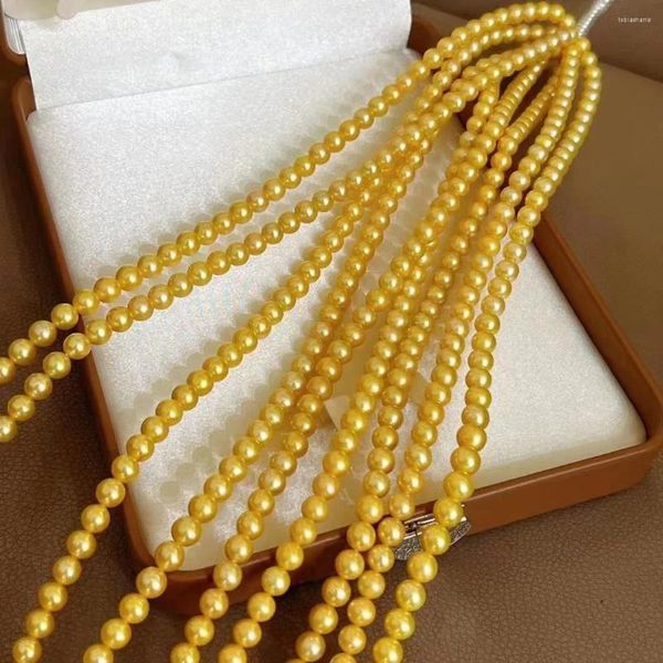 Chaînes teintées en perles d'eau douce dorées, taille 7.5-8mm, colliers de perles en or véritable pour femmes