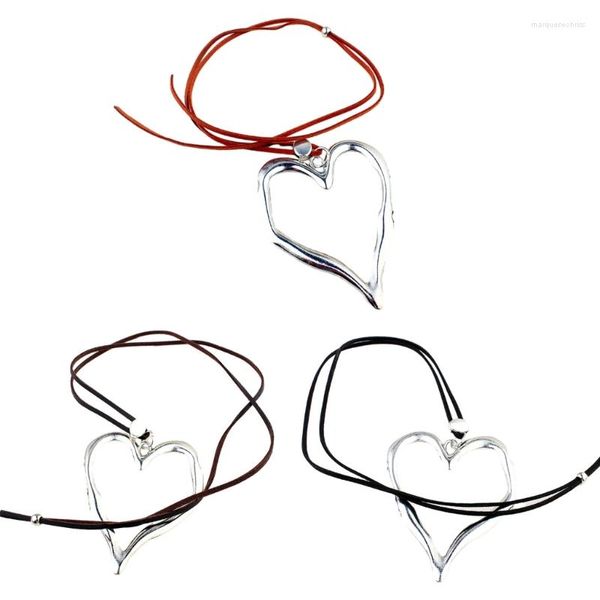 Chaînes E0BE mode coréenne cordon en cuir collier femmes réglable élégant métal amour coeur pendentif tour de cou bijoux cadeau de noël