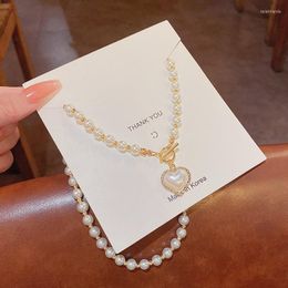 Kettingen Elegante grote witte imitatie Pearl ketting ketting voor vrouwen Crystal Heart Shell hanger Sweet Wedding Party sieraden