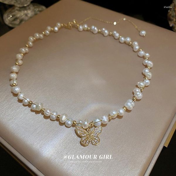 Cadenas elegante mariposa cristal brillante perla barroca de agua dulce Natural 14K oro lleno señoras collar joyería para mujer cadena corta
