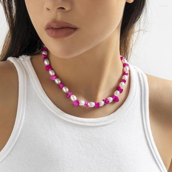 Chaînes élégante Imitation perle rouge pierre collier ras du cou pour femmes filles Boho à la main perles irrégulières bijoux accessoires fête