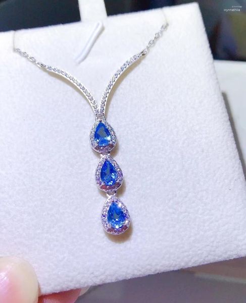 Chaînes élégant Triangle brin goutte d'eau naturel bleu topaze collier pierre précieuse pendentif 925 ruban femmes cadeau bijoux