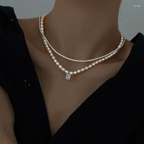 Chaînes élégantes de luxe double couche collier de perles pour femmes pendentif en cristal femme tour de cou bling mariage colliers pour femmes bijoux cadeaux