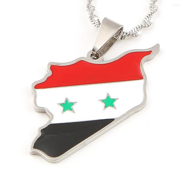 Chaînes Émail Pays Syrie Drapeau Cartes Pendentif Collier Femmes À La Mode En Acier Inoxydable Charme Bijoux