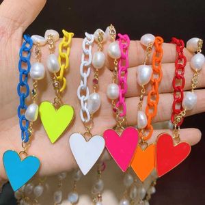 Chaînes émail coeur collier perle baroque blanche d'eau douce multi couleur Cz lien chaîne collierChains