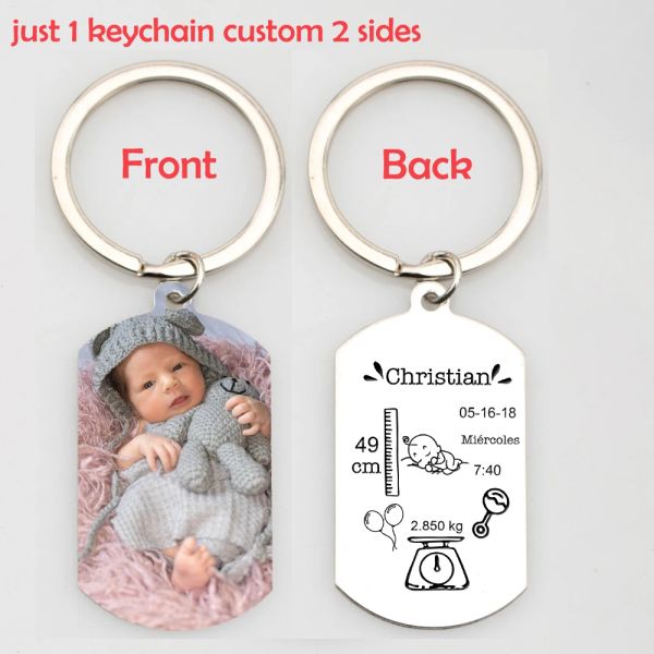 Cadenas grabadas Estadísticas de bebé Foto en color Llavero Charm Joyería Perosonalizado Personalizado Ambos lados Llaveros Familia Recién nacido Nuevo papá Mamá Regalo