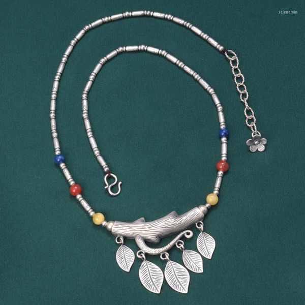 Chaînes Style ethnique 925 argent Sterling feuille branche collier pour femmes filles Vintage fait à la main Lapis Lazuli cire d'abeille perlé cou