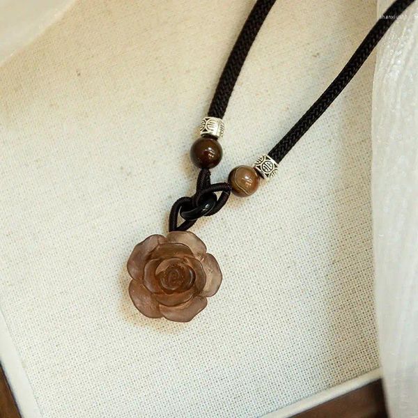 Chaînes Style ethnique Camellia Pendentif Collier pour femmes Rétro Corde Chaîne Zen Collier Tricoté Bijoux Cadeau