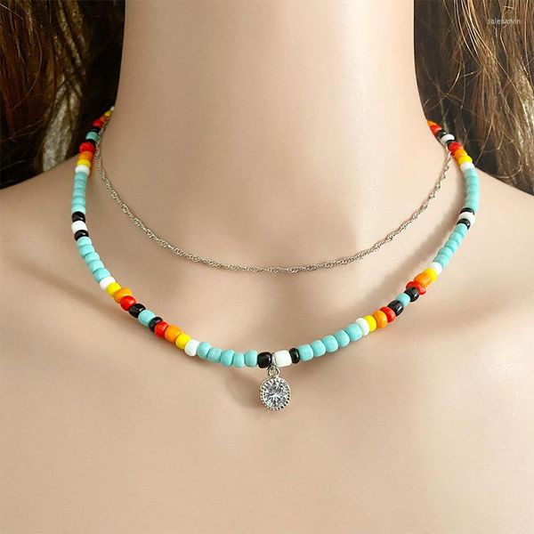 Chaînes Style ethnique Double couches perles colorées croix Cactus pendentif colliers couleur argent clavicule chaîne collier femmes bijoux