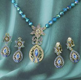 Chaînes Euro-Américain Vintage Fleurs Feuille Plantes Cristal Bleu Ouest Boucles D'oreilles Collier Bijoux Pour Femme Tendance