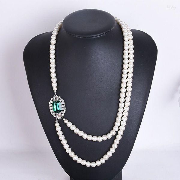 Chaînes Mode Européenne Et Américaine Multicouche Émeraude Cristal Collier De Perles Bijoux Exagéré Polyvalent Longue Chaîne De Chandail