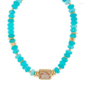 Chaînes exclusives déesse collier de perles déclaration bijoux bleu sarcelle clair Quartz centre pierre collier pâturage teint Amazonite cadeau de Noël