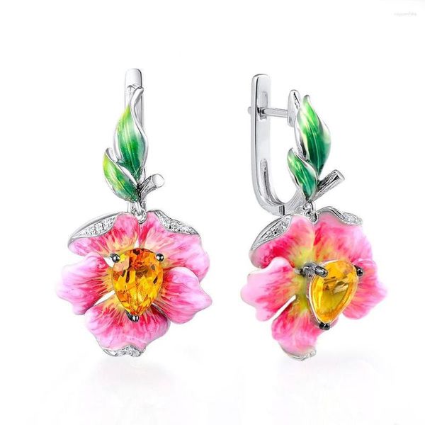 Chaînes exquises boucles d'oreilles en feuille de fleur pour femmes, boucles d'oreilles pendantes en émail, bijoux élégants