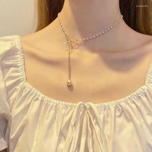 Kettingen Fairy Menigte Choker Bowbow Parelketting Vrouwelijke Senior INS Koele en elegante stijl Eenvoudige halsketting halsketting