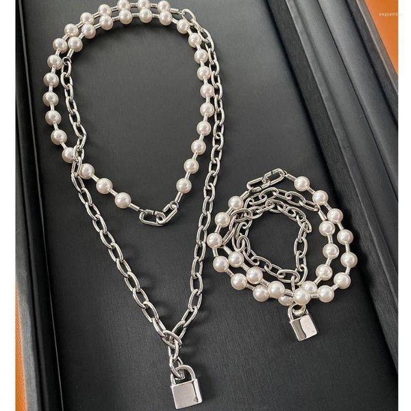 Cadenas famosa marca de diseñador de calidad superior 925 plata platino plateado collar de cadena de perlas pulsera de bloqueo mujeres joyería de boda de lujo