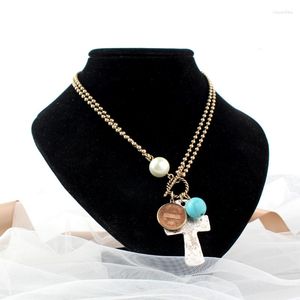 Chaînes mode alliage croix collier pour femmes Vintage pièce perles pendentif longue chaîne bijoux accessoire cadeau