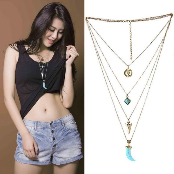 Chaînes De Mode Pièce Bleu Pierre Flèche Machette Pendentifs Charme Vintage Bohème Collier Femme Bijoux Multi Couche Collier Or-Couleur