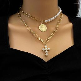 Chaînes mode pièce croix perle colliers multi-couches résine collier pour femmes bohème longue chaîne tour de cou à la mode 2023 bijoux