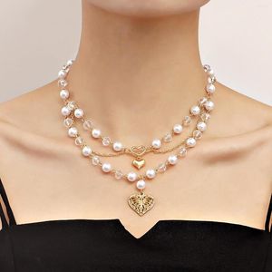 Chaînes Mode Double Couche Imitation Perle Gland Coeur Collier Vintage Acrylique Perles Collier Papillon Pendentif Femmes Bijoux Cadeau