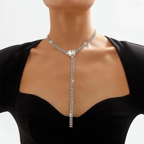 Cadenas Moda Doble fila Cadena de tenis Gran cristal en forma de corazón Collar largo Mujer Fiesta de lujo Joyería de boda