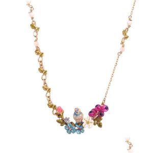Cadenas de moda esmalte esmaltado azul nsional tit bird bird daisy flor collar rama cadena corta joyas de joyas de gota nec dhmfk