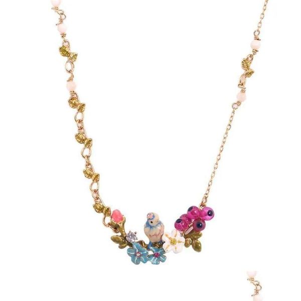 Chaînes Mode Émail Glaze Threensional Blue Tit Bird Daisy Fleur Rose Collier Branche Courte Chaîne Femelle Bijoux Drop Livraison NE Dh9MT