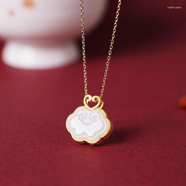 Chaînes mode ethnique Style chinois nuage chanceux une serrure de longévité cuivre dorure pendentif collier pour femmes fête petite amie cadeau