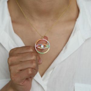 Chaînes mode couleur or Chian 45 5 cm pendentif oeil rond rempli coloré arc-en-ciel grand mal turc bohême femmes longs colliers