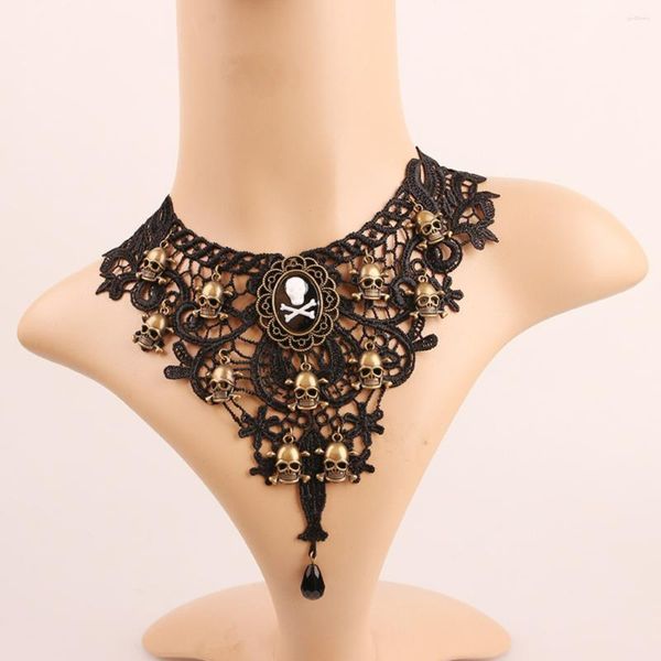 Cadenas moda Halloween Vintage negro encaje mujer collar calavera pirata clavícula gargantilla accesorios mujer