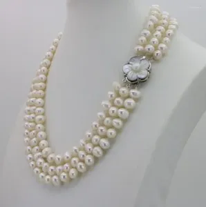 Cadenas Joyería de moda 3 filas 7-8 mm Blanco Collar de perlas de agua dulce Cadena Botones florales Joyería Mujer Chica Banquete 17-1