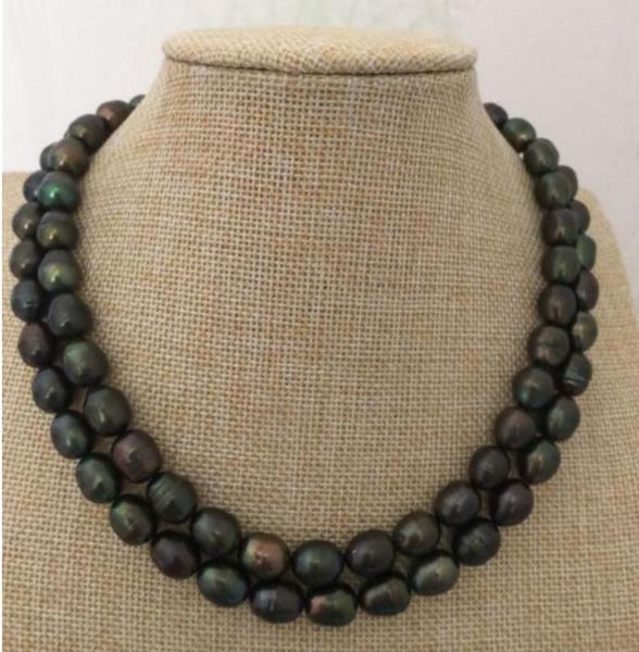 Chaînes bijoux fantaisie double brins 10-11mm collier de perles baroques vertes noires tahitiennes 18 