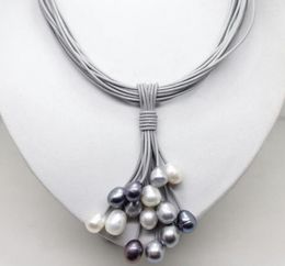 Chaînes Bijoux de mode en gros 12mm véritable blanc noir gris collier de perles d'eau douce cordon en cuir aimant Clas