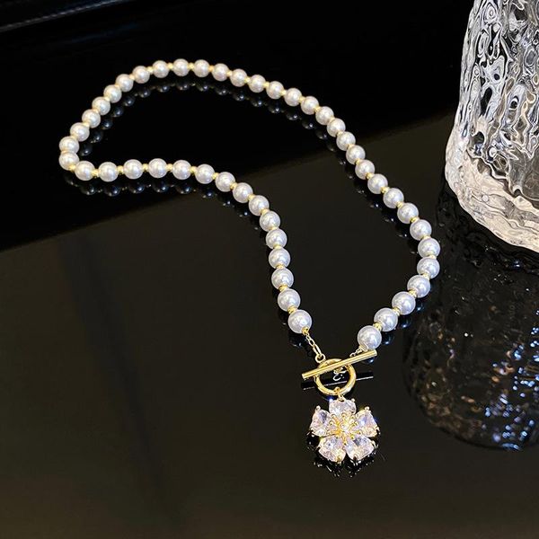 Chaînes Mode Style Coréen Cristal Fleur Perle Collier Pour Femmes Filles Exquistie Pendentif Ras Du Cou Élégant Collier Colliers