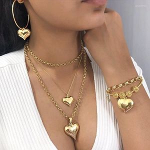 Chaînes mode multicouche coeur pendentif collier pour femmes mariage plaqué or géométrique fille Punk Bracelets boucles d'oreilles ensemble bijoux