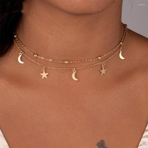 Chaînes mode multicouche colliers Endant femmes or argent couleur perles lune étoile corne croissant Double chaîne tour de cou
